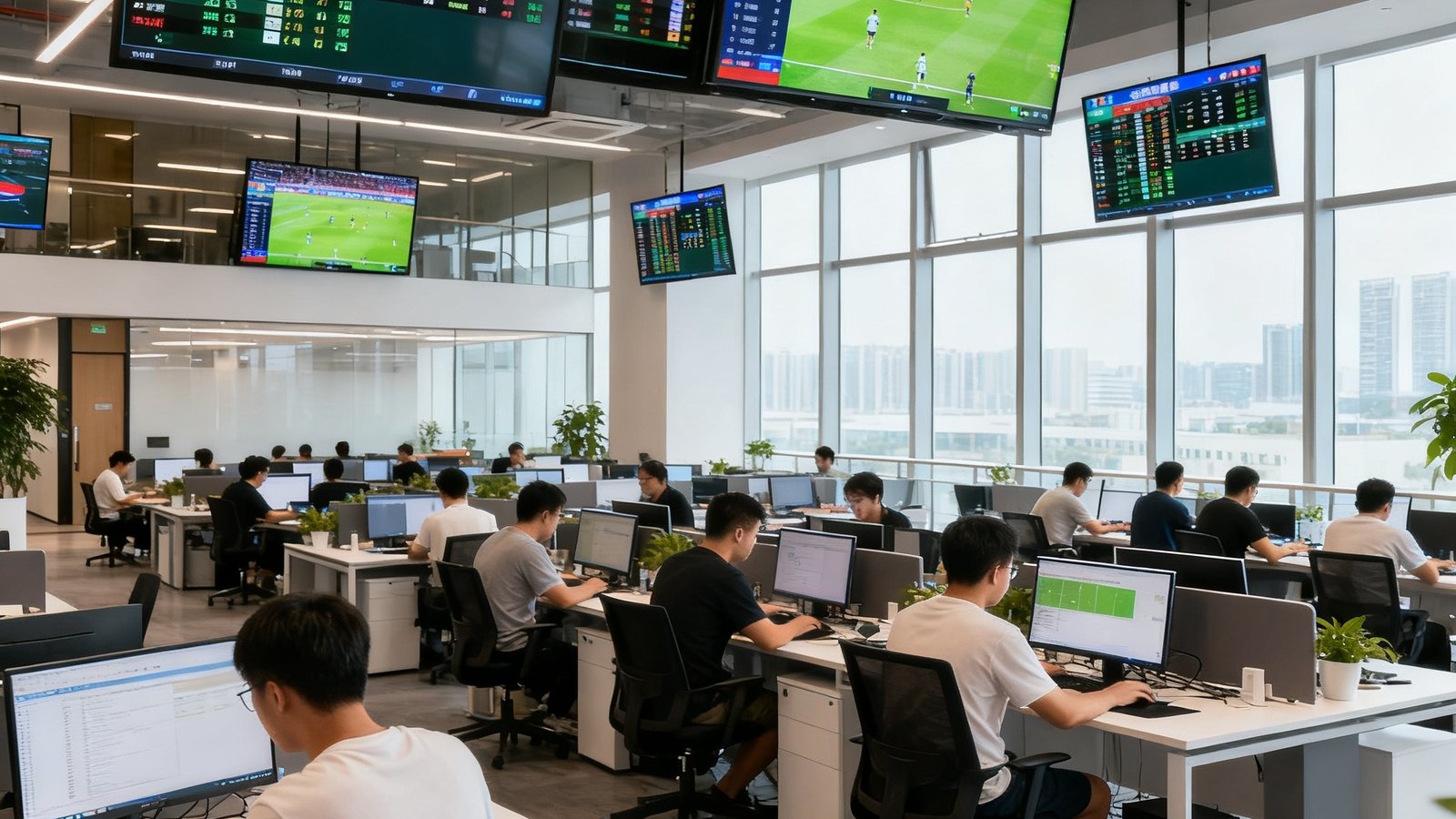 得球体育广州总部开放式办公区，四十余位员工在宽敞明亮的空间里专注工作，墙上悬挂着多个显示屏实时播放赛事数据