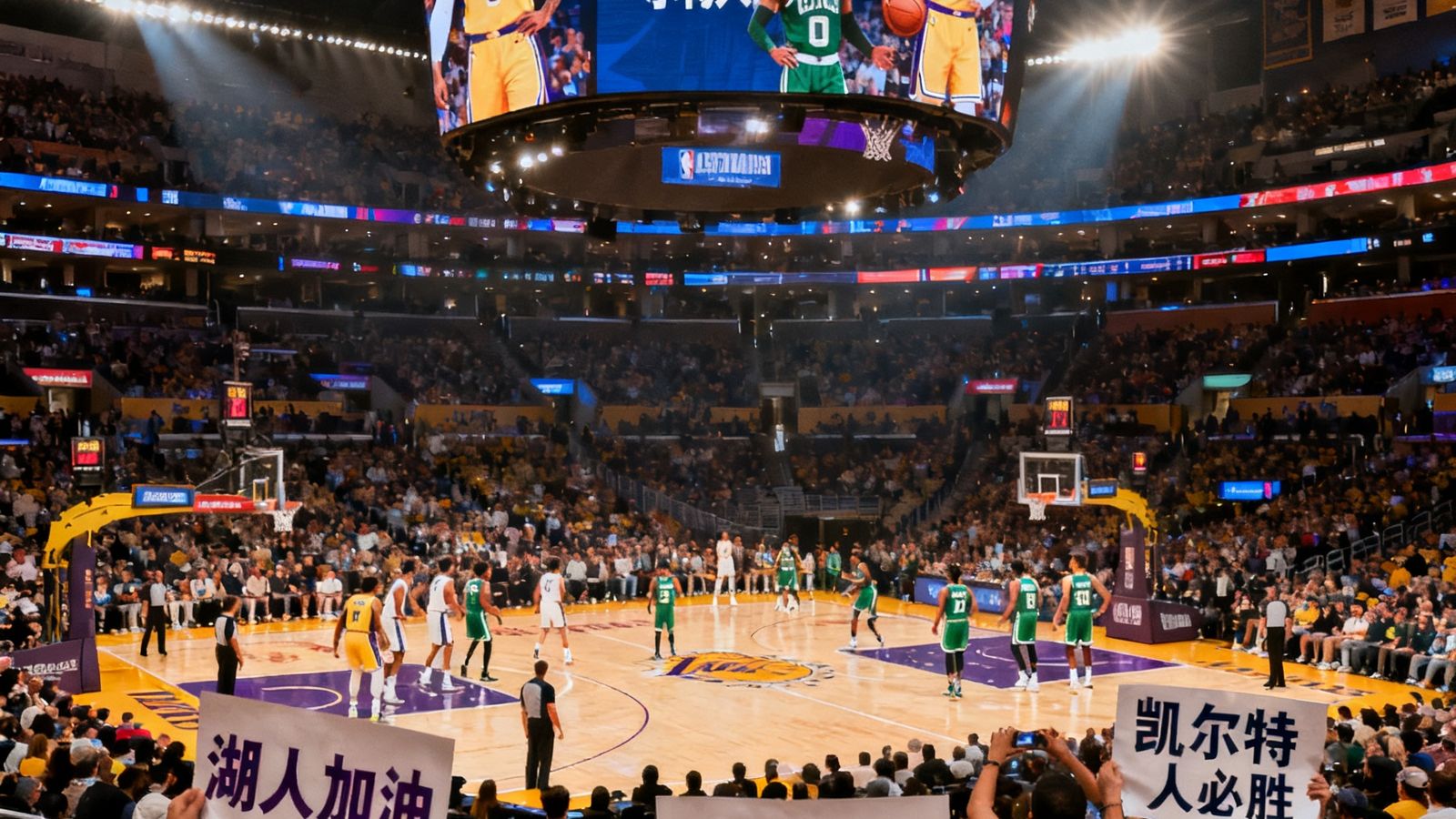 NBA常规赛洛杉矶湖人队对阵波士顿凯尔特人队的直播画面，斯台普斯中心气氛热烈