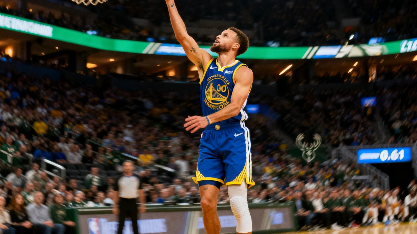 NBA勇士队库里在最后0.6秒投进超远三分绝杀雄鹿的精彩瞬间